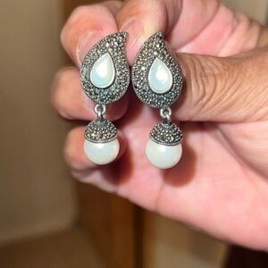 Vintage Elegant Sterling Silver and White Teardrop Earrings